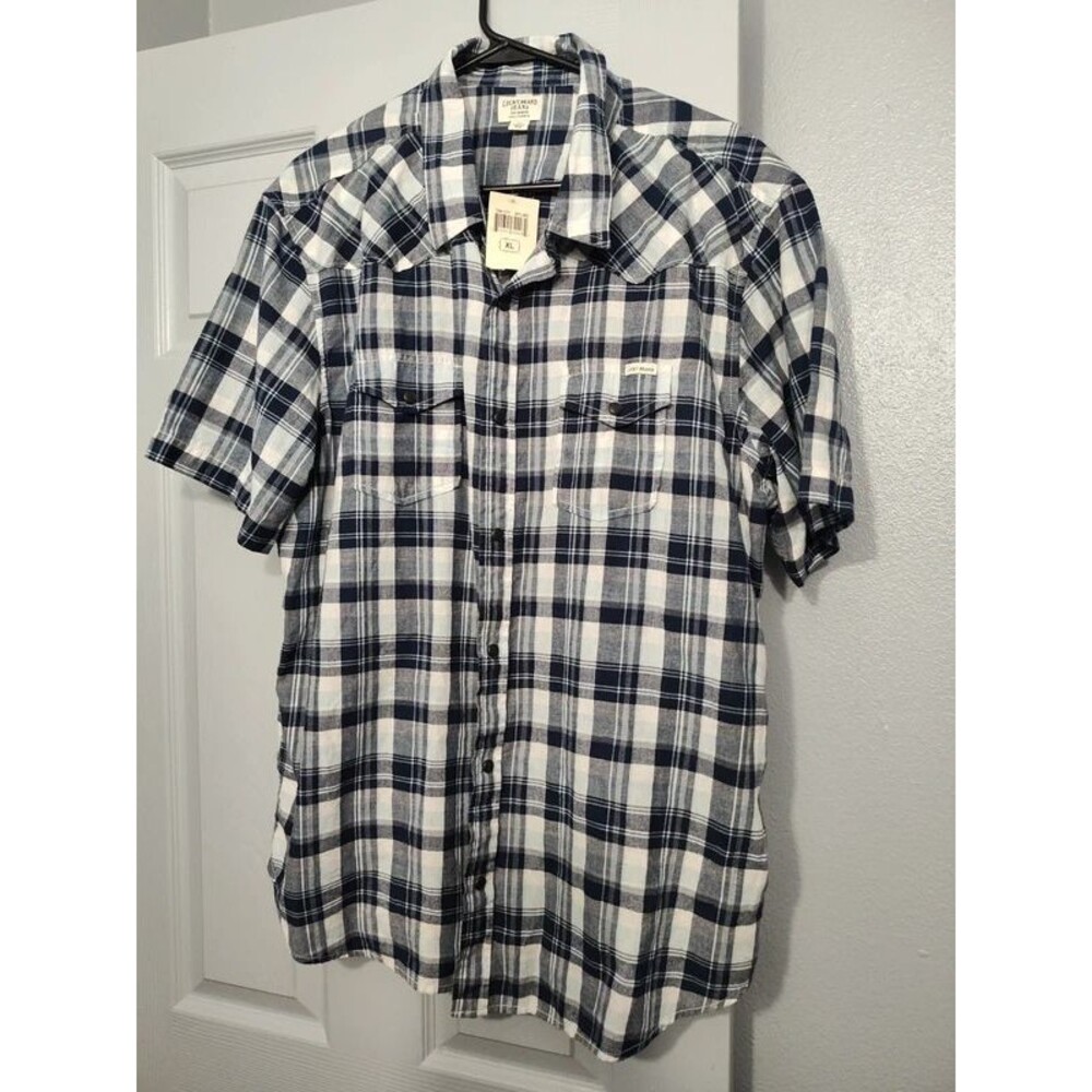 Lucky brand jeans XL mens checked short sleeve shirt cotton new blue white